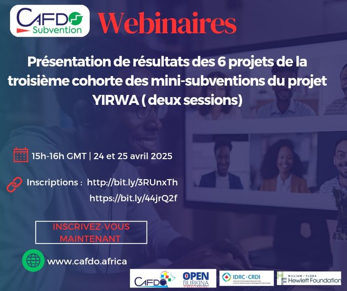 Des webinaires pour présenter les résultats des projets de la 3è cohorte financés par le programme mini- subventions de notre projet  YIRWA.